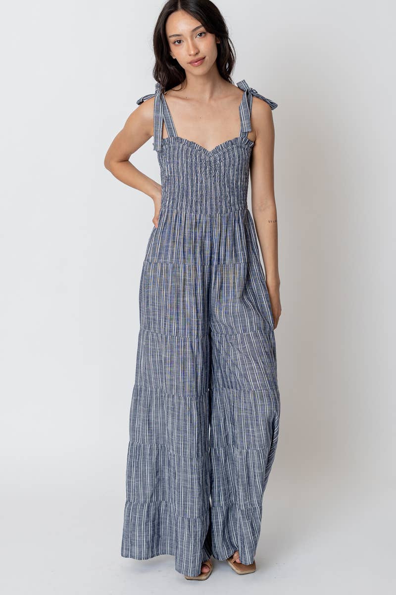 Sleeveless Smocked Striped Jumpsuit