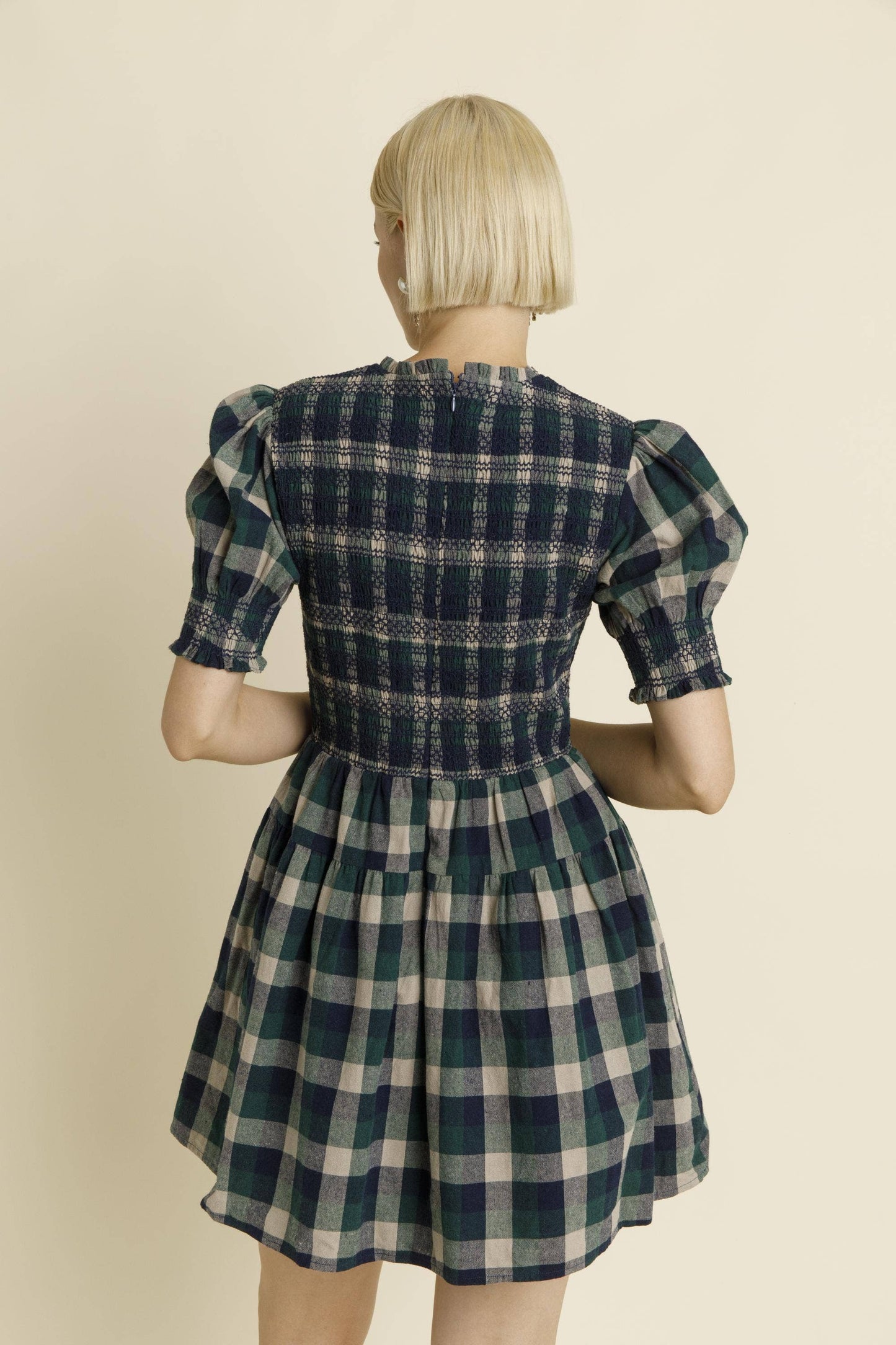 Avery PLAID SMOCKED MINI DRESS