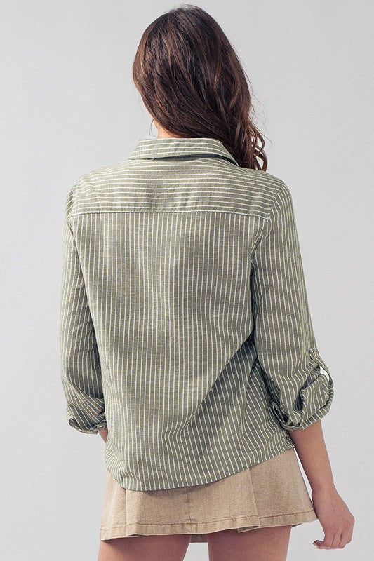 Cassie Stripe Button Down in Olive