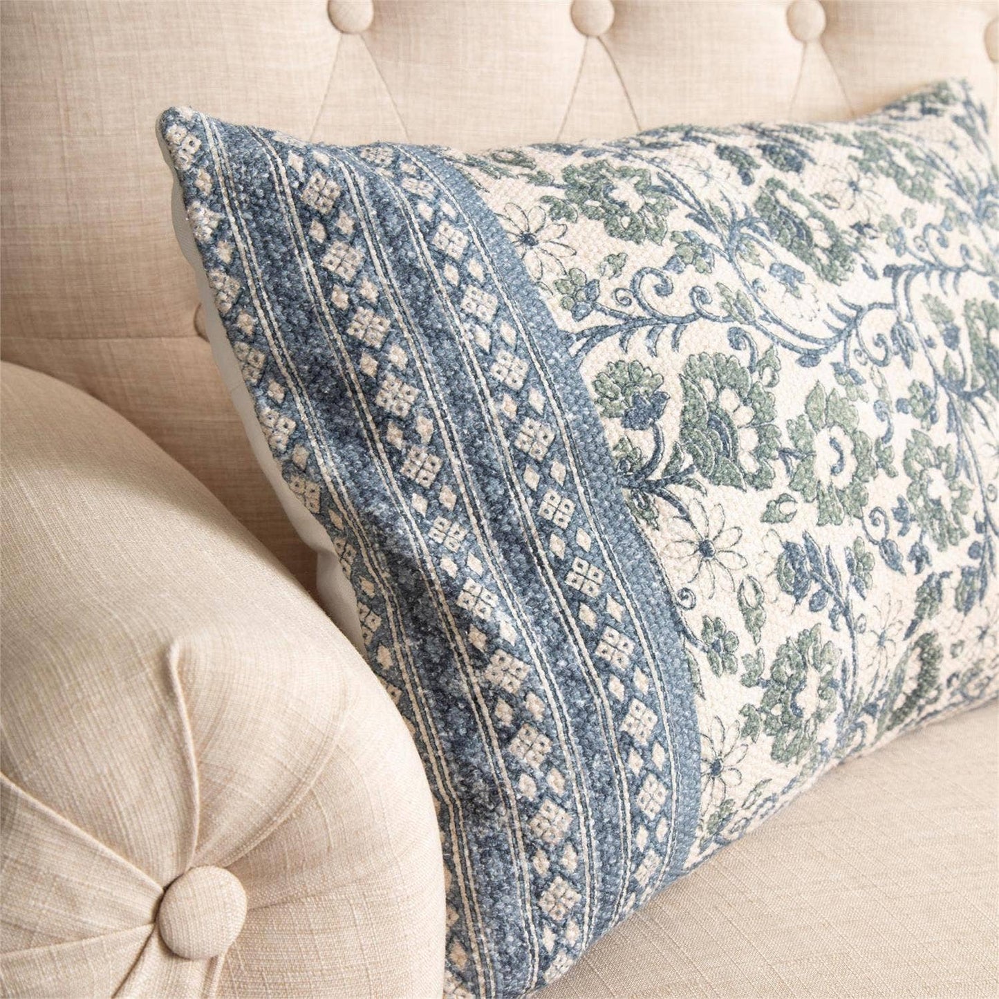 Lumbar Pillow - Knubby Slub Block Print, Sage And Blue Flor