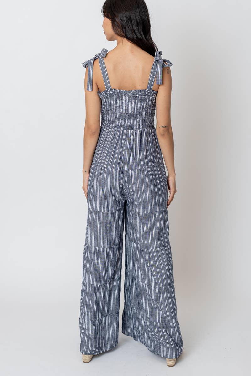 Sleeveless Smocked Striped Jumpsuit