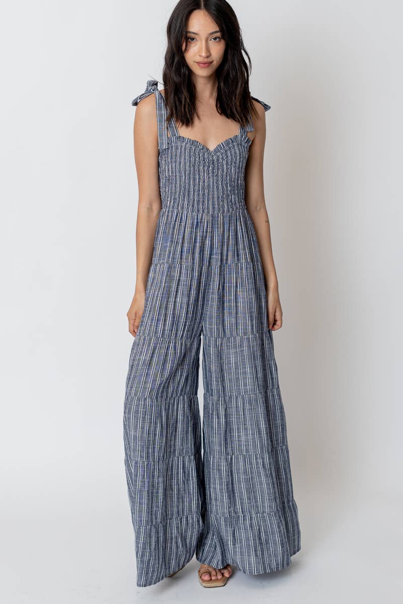 Sleeveless Smocked Striped Jumpsuit