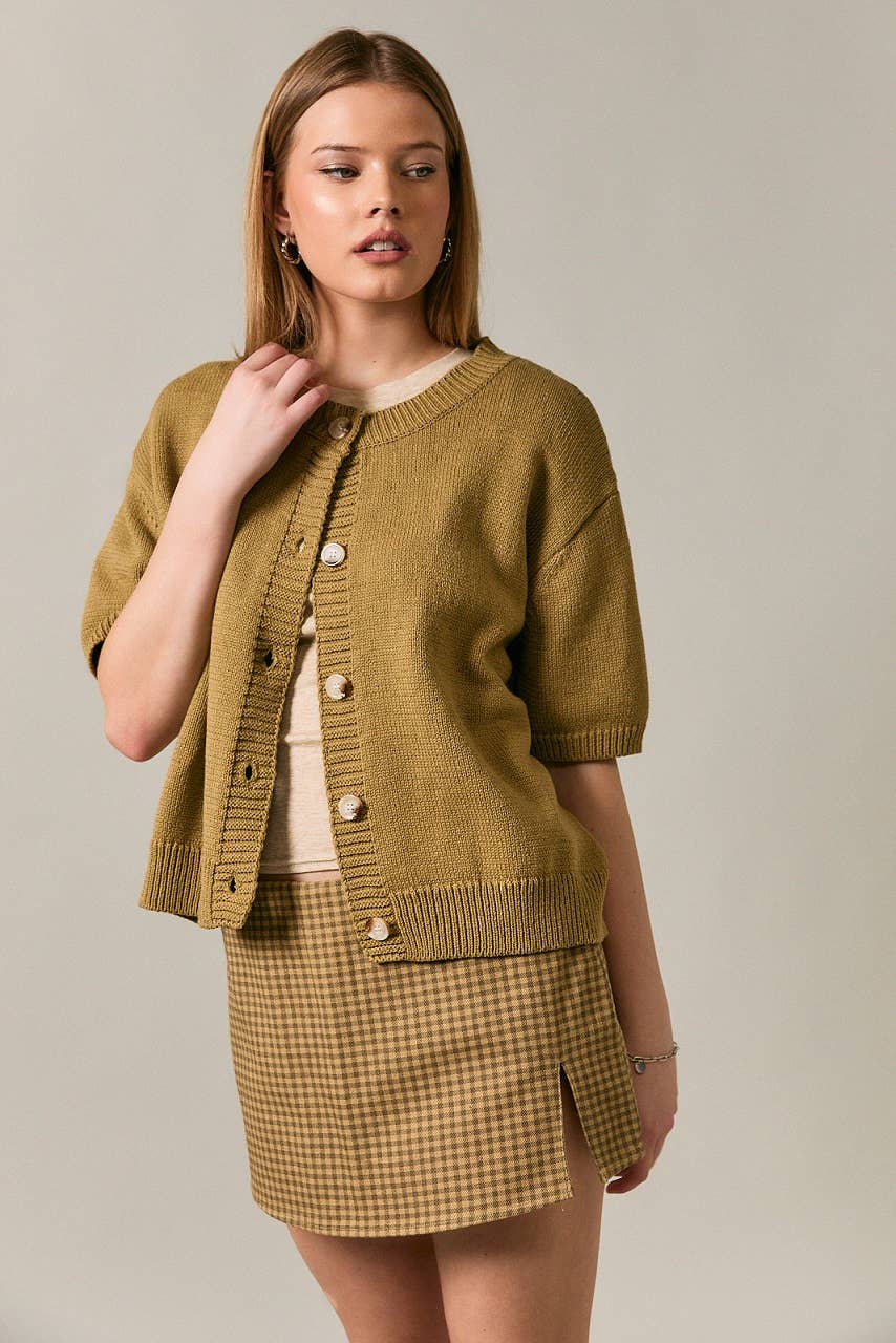 SHORT SLEEVE SWEATER CARDIGAN: LT OLIVE / S