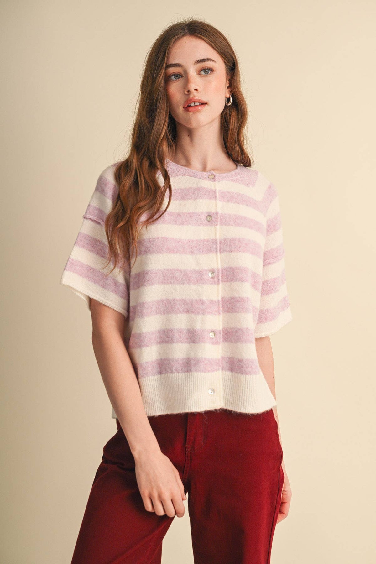 STRIPED SHORT SLEEVE SWEATER CARDIGAN MSW11671: OLIVE PLUM / L