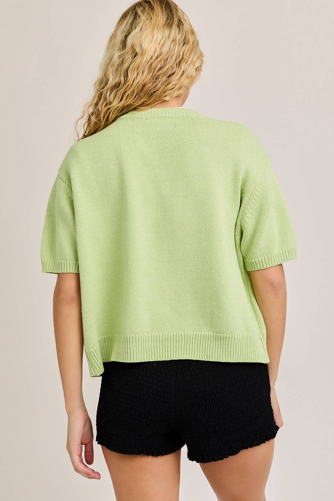 SHORT SLEEVE SWEATER CARDIGAN: LT OLIVE / M