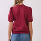CT8936-Crew Neck Short Puff Sleeves Knit Top: Crimson / M