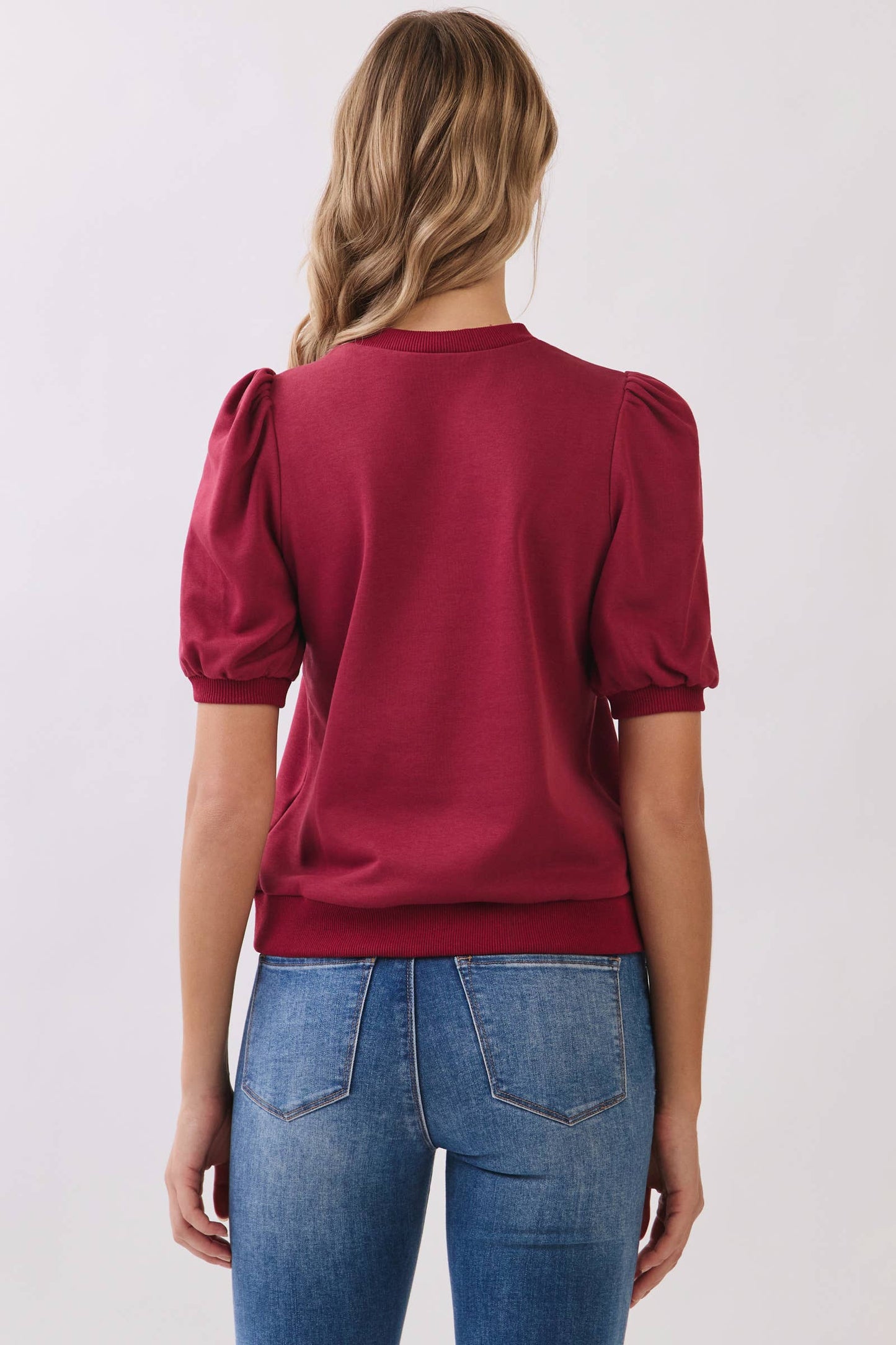 CT8936-Crew Neck Short Puff Sleeves Knit Top: Navy / S