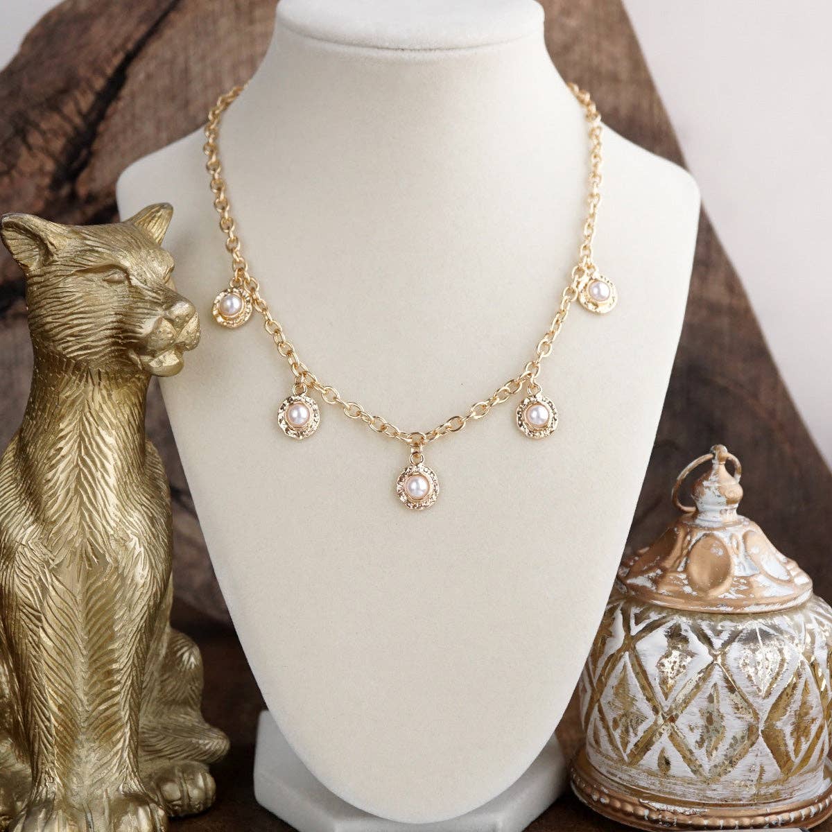 Cabochon Station Charm Necklace - Pearls Turquoise - Petite Glow: Pearl