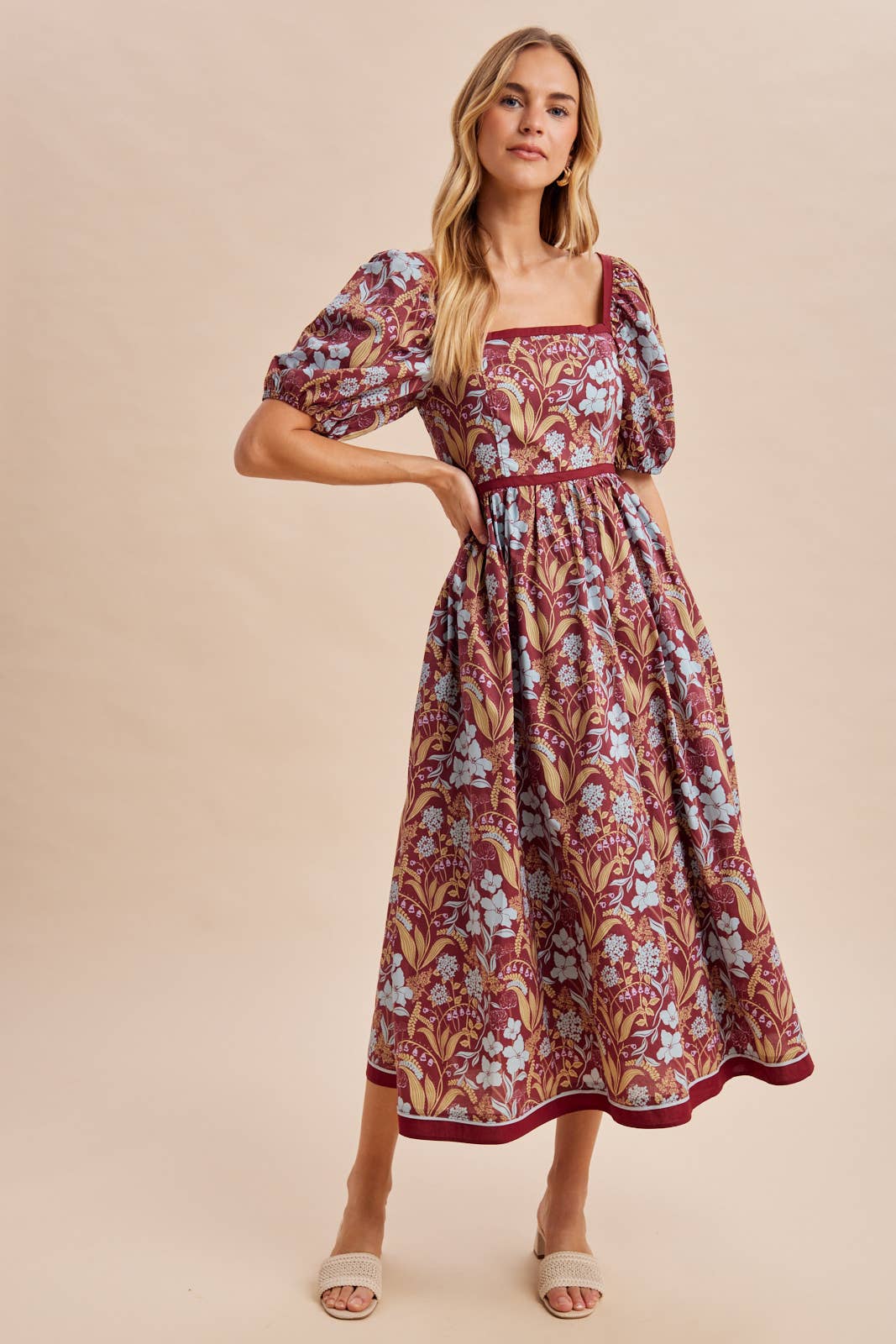 COTTON SQUARE NECK PUFF MAXI: BURNT GINGER / L