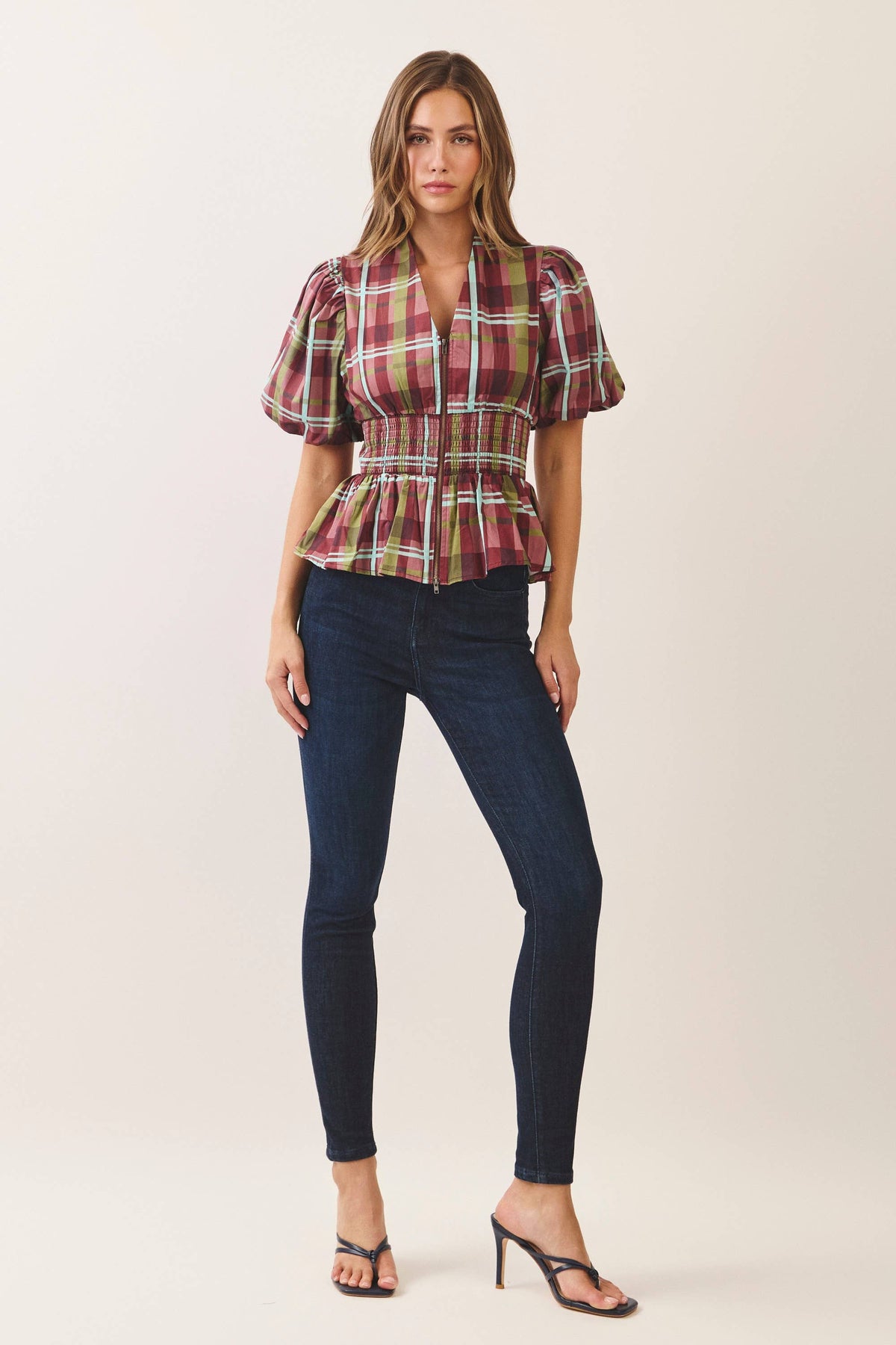 CT10210-Plaid puff sleeve smocked waist top: Burgundy / M