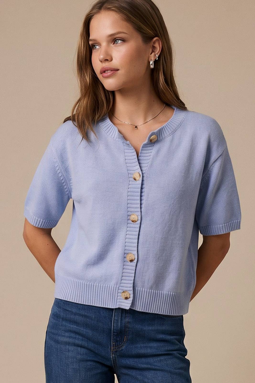 SHORT SLEEVE SWEATER CARDIGAN: LT OLIVE / XS