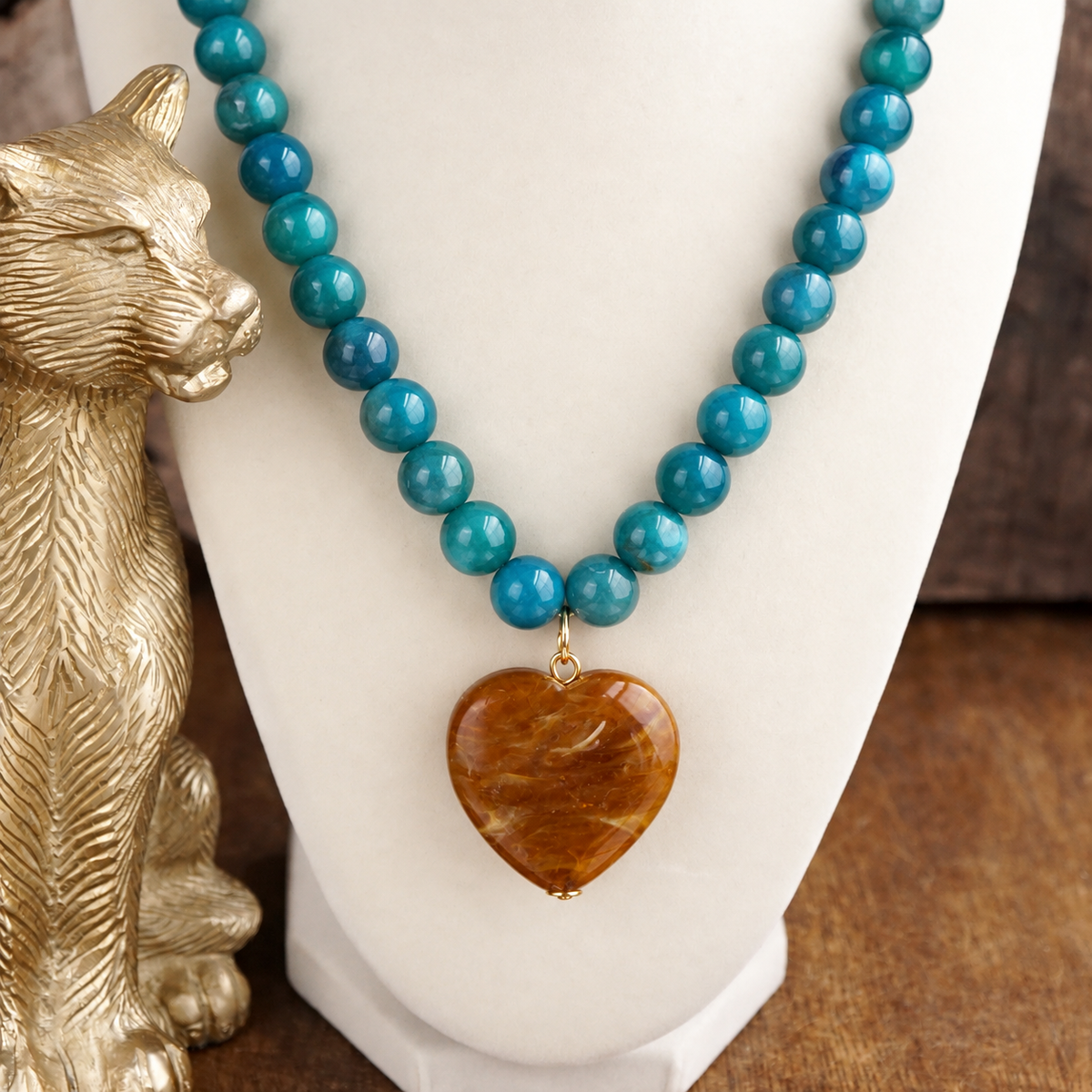 Chunky Statement Necklace – Chunky Beaded Heart Pendant Necklace: Deep Aqua