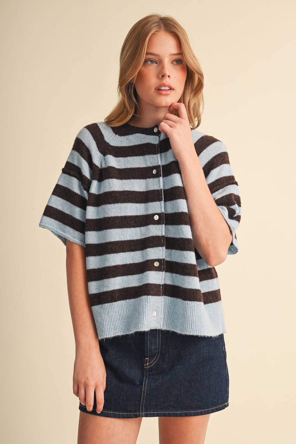 STRIPED SHORT SLEEVE SWEATER CARDIGAN MSW11671: OLIVE PLUM / M