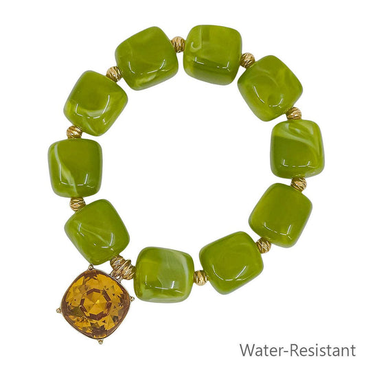 Water Resistant 16MM Olive Crystal Square Resin and 18MM Stone Bracelet