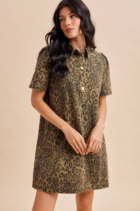 LEOPARD UTILITY MINI DRESS: OLIVE / S
