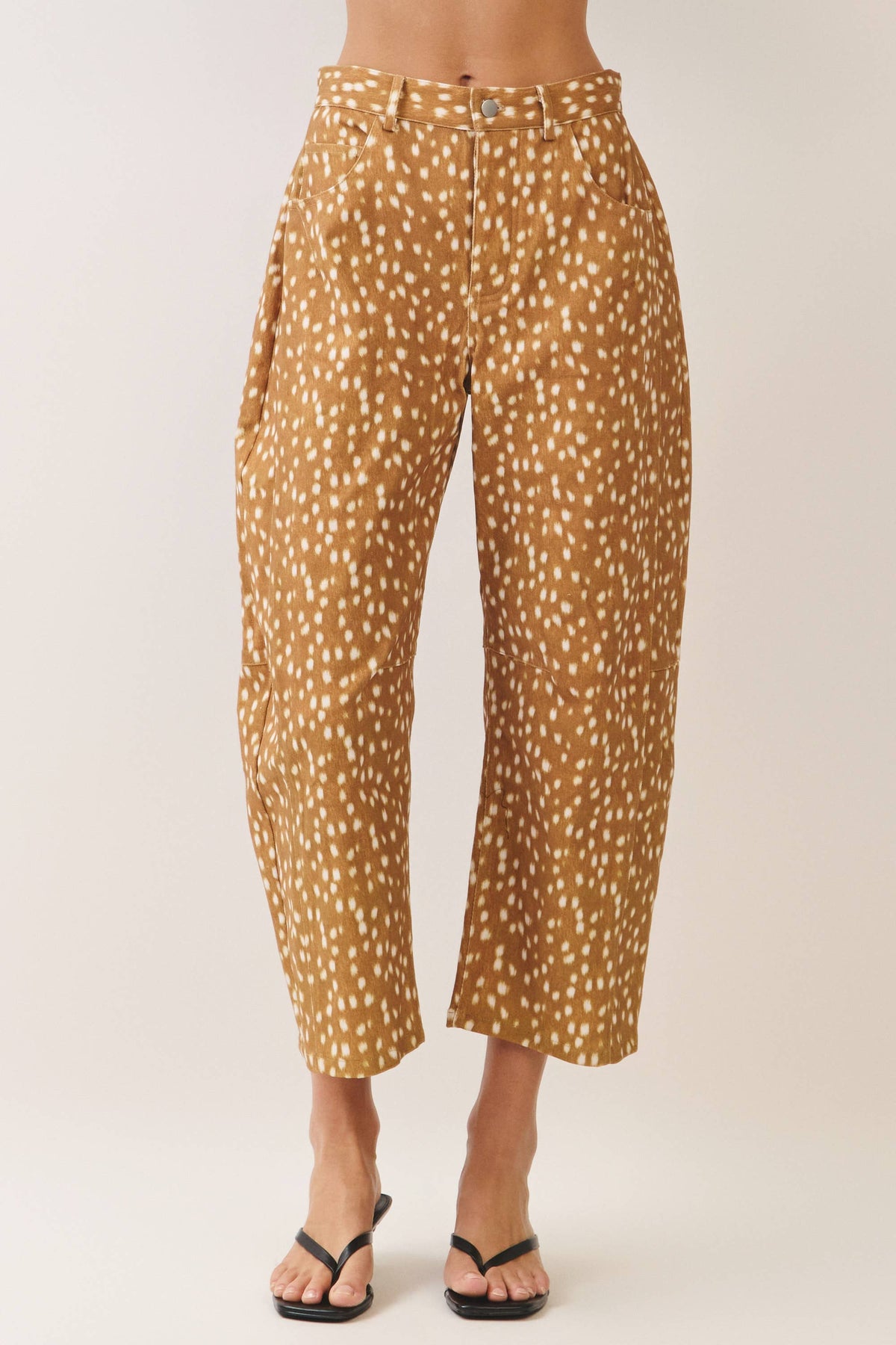 CP10398-Deer Print Barrel Leg Pants: Brown / L