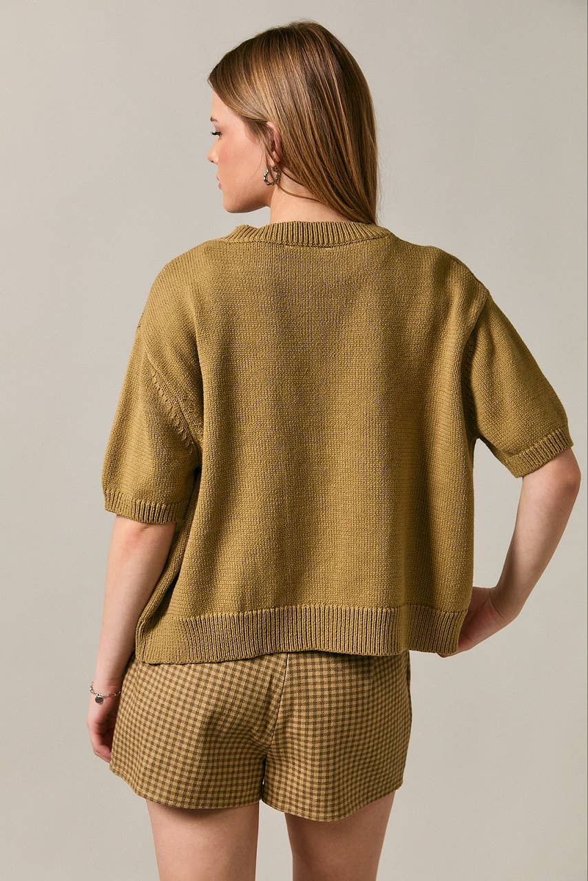 SHORT SLEEVE SWEATER CARDIGAN: LT OLIVE / M