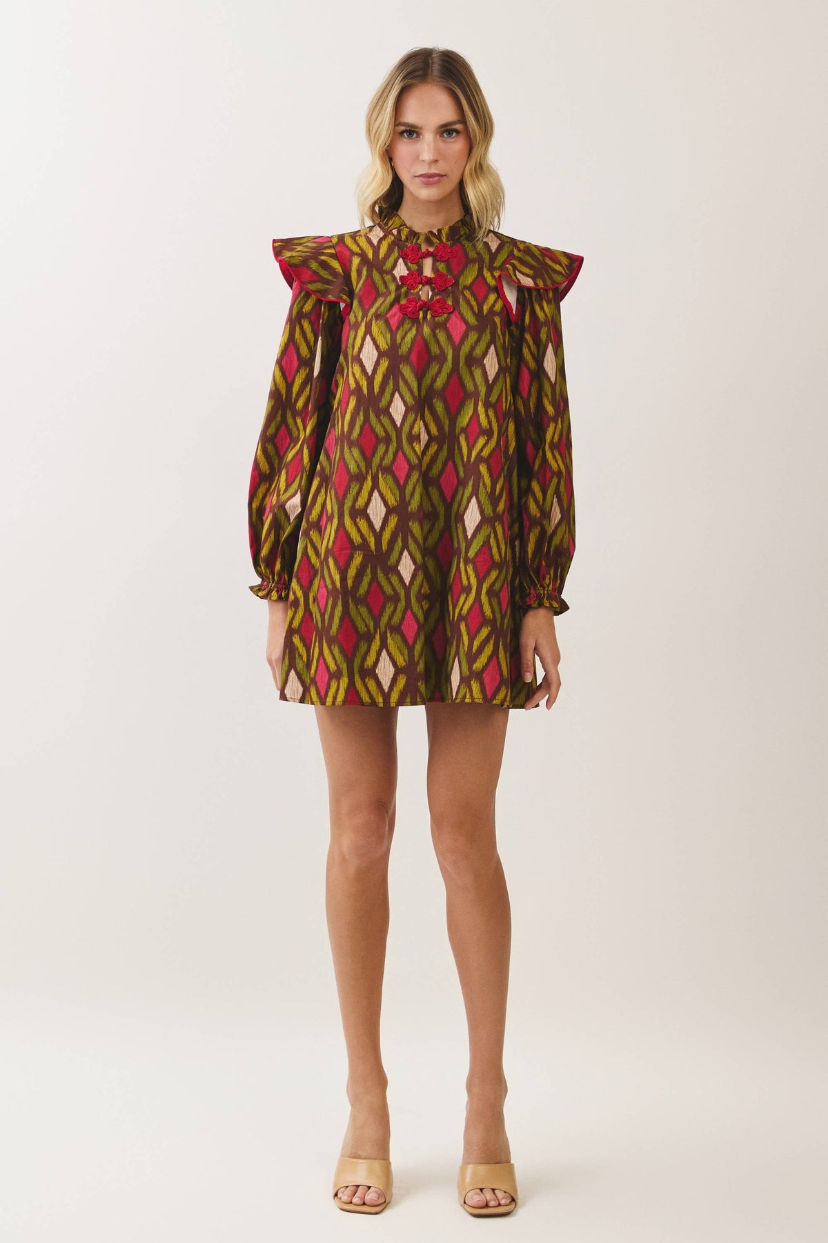 CD07564-Geometric Print Ruffle Mini Dress: CHOCOLATE / M