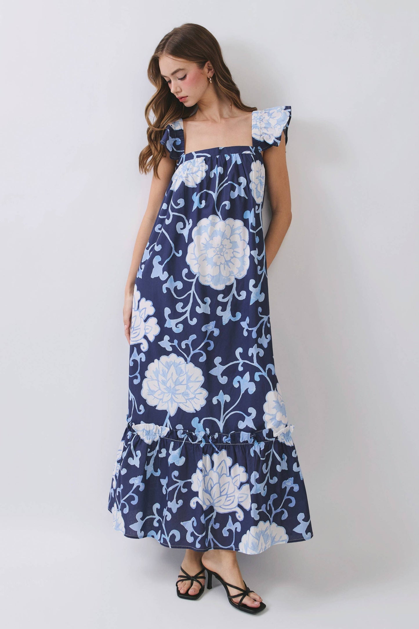 CD06967-Floral Print Ruffle Sleeve Maxi Dress: NAVY / L
