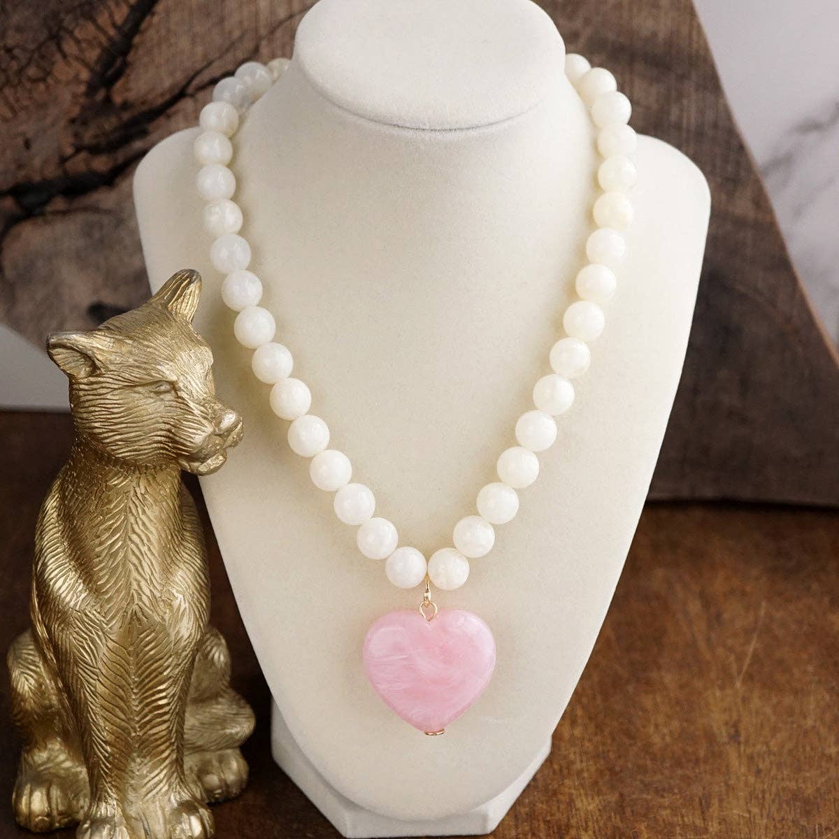 Chunky Statement Necklace – Chunky Beaded Heart Pendant Necklace: Deep Aqua