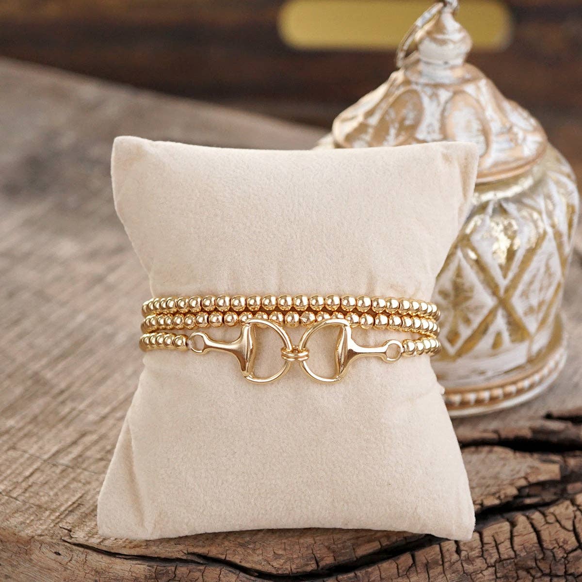 Bit of Shine – Set of 3 Stretch Bracelets with Horse Bit: Gold
