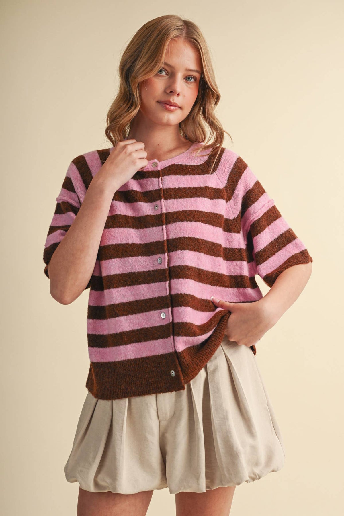 STRIPED SHORT SLEEVE SWEATER CARDIGAN MSW11671: OLIVE PLUM / S