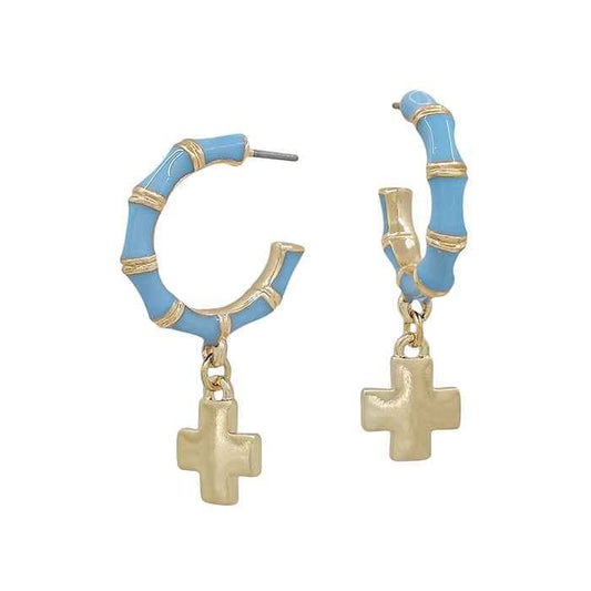 Turquoise 1" Hoop with Gold Cross Charm Earrings