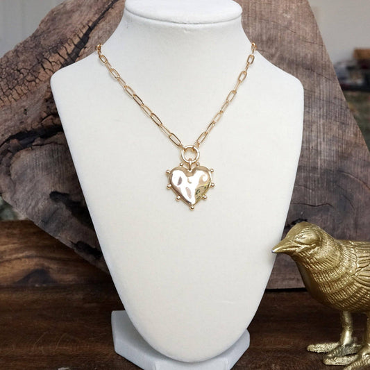 Modern Spiky Heart Paperclip Necklace - Gold Tone