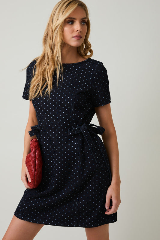Denim Dot Dress with Bow Detail