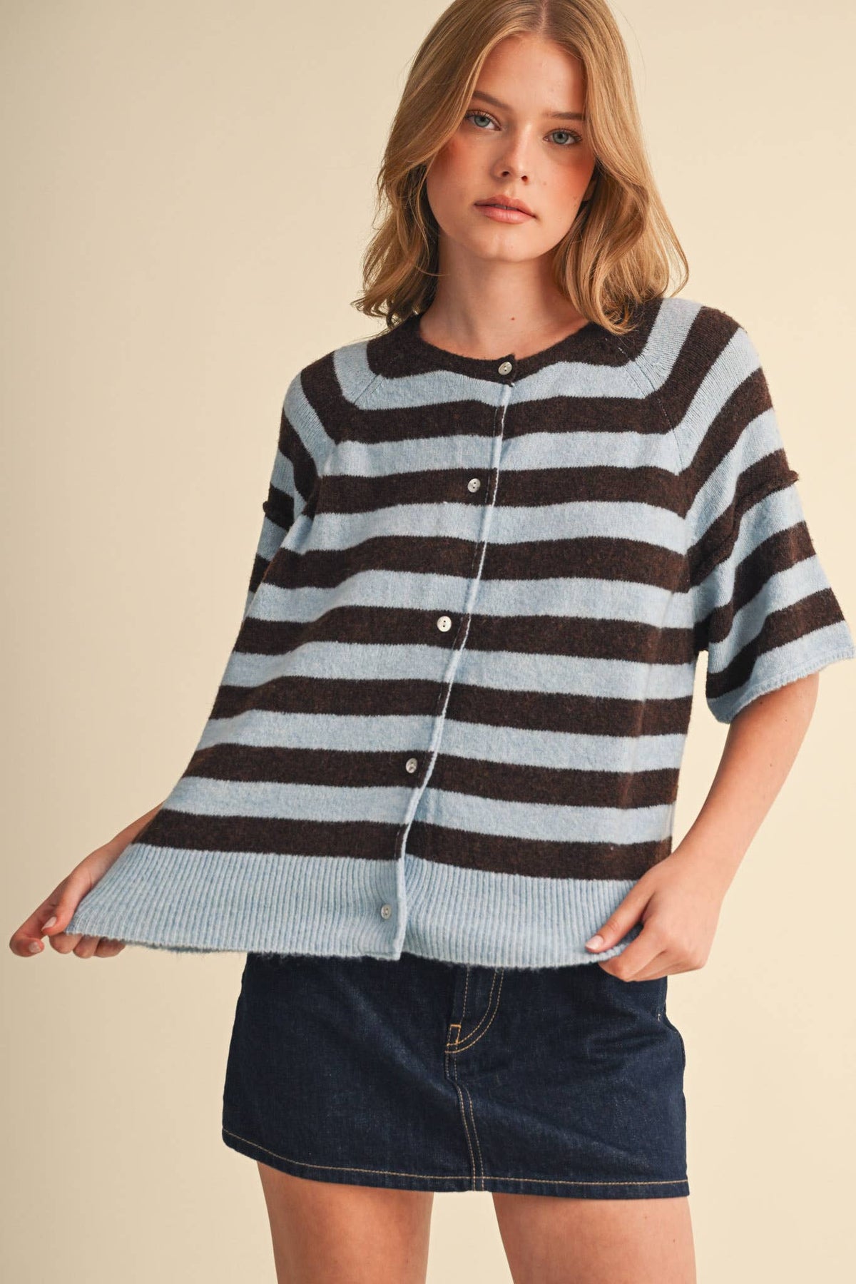 STRIPED SHORT SLEEVE SWEATER CARDIGAN MSW11671: OLIVE PLUM / L