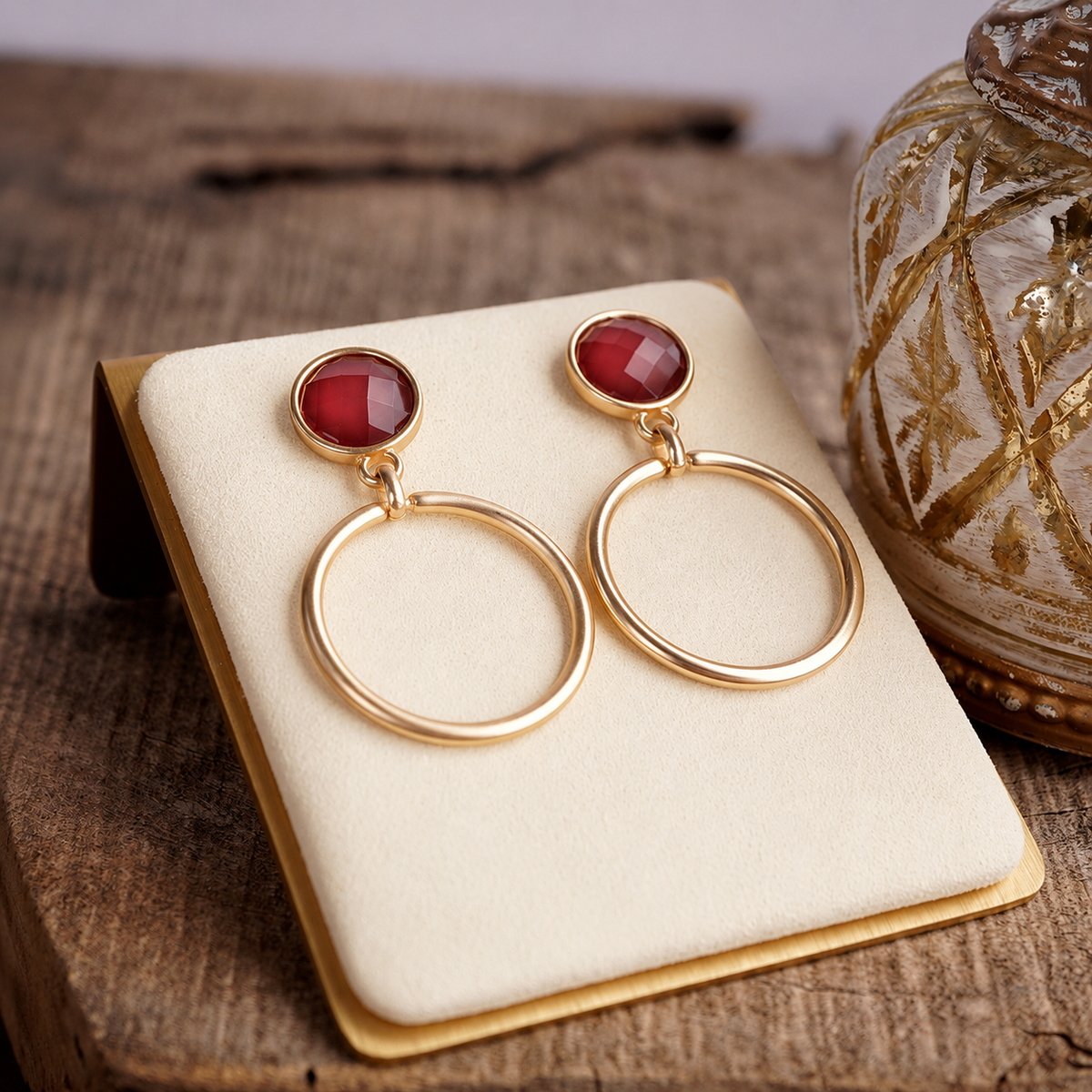 Gold Dipped Hoop Earrings with Faceted Stone – Color Pop Glow: Garnet Red