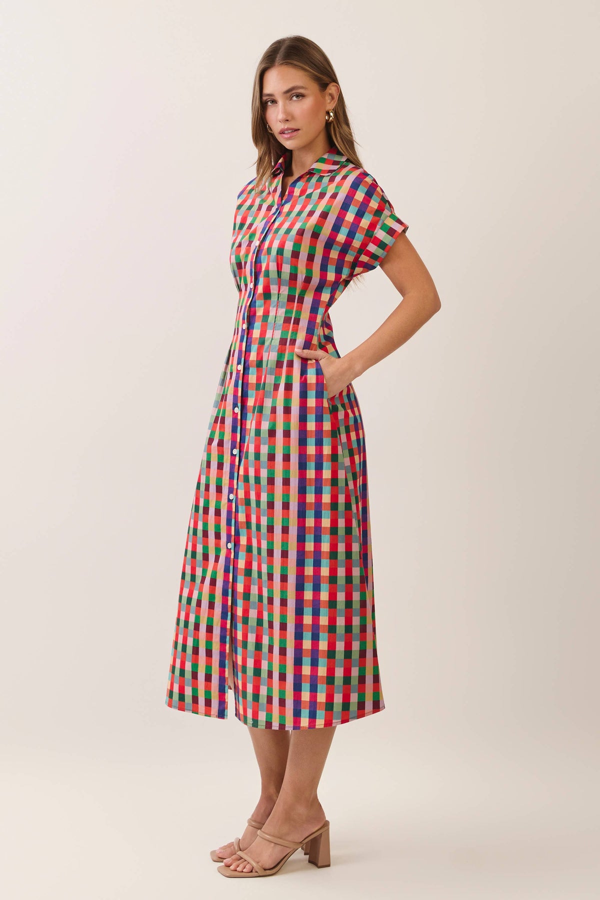 CD07590-Multicolor Check Button Down Midi Dress: Multi / M