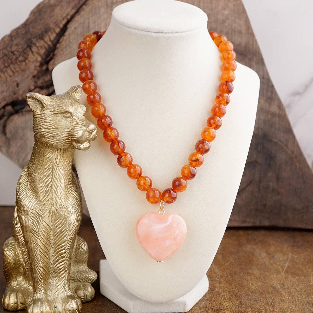 Chunky Statement Necklace – Chunky Beaded Heart Pendant Necklace: Brown