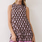 CD07314-Border Print Sleeveless Drop Waist Mini Dress: Brown / S