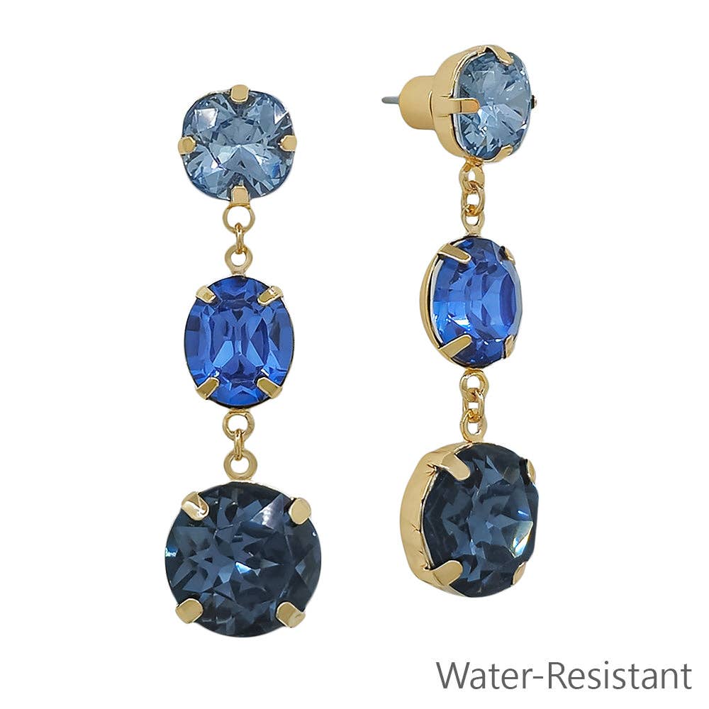 Water Resistant Blue Crystal Triple Drop 2" Earring