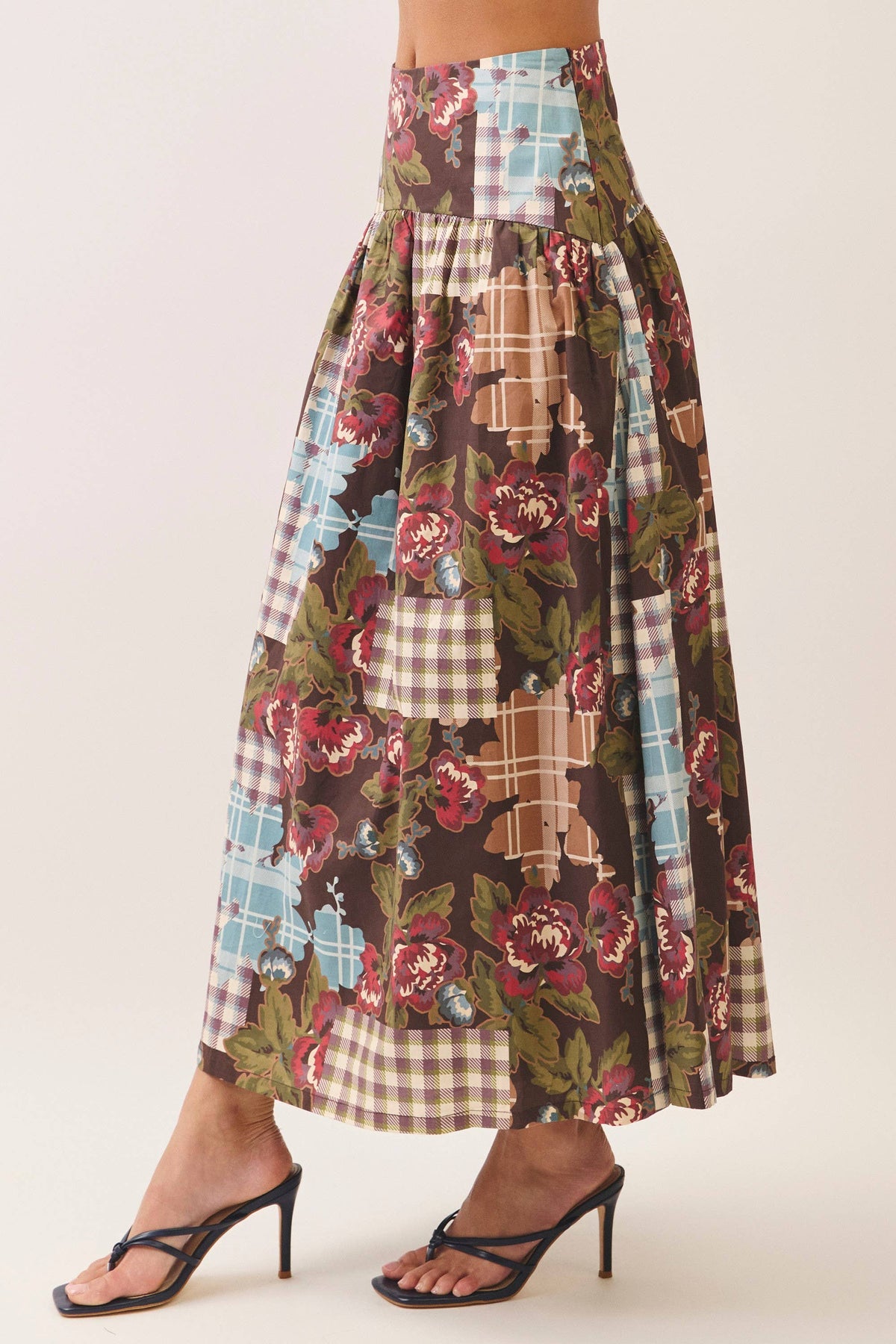 CS4193-Floral plaid patchwork maxi skirt: CHOCOLATE / M