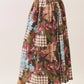 CS4193-Floral plaid patchwork maxi skirt: CHOCOLATE / L