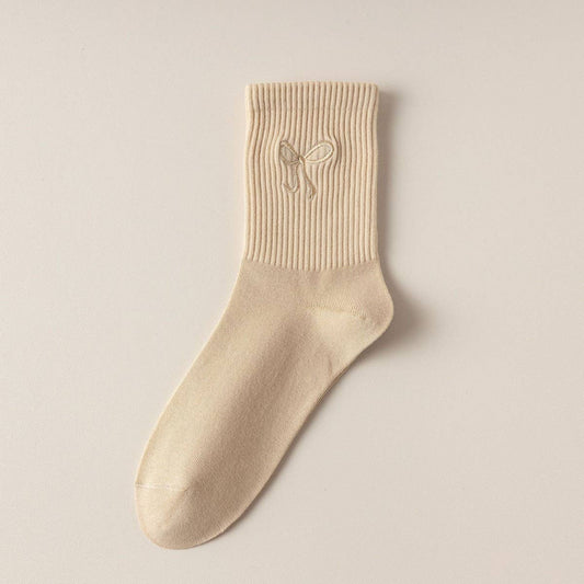 WOMEN'S EMBROIDERED BOW Socks Khaki