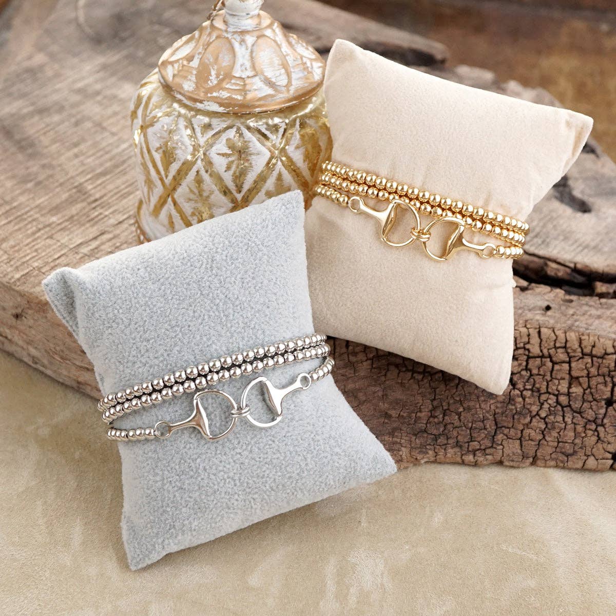 Bit of Shine – Set of 3 Stretch Bracelets with Horse Bit: Gold