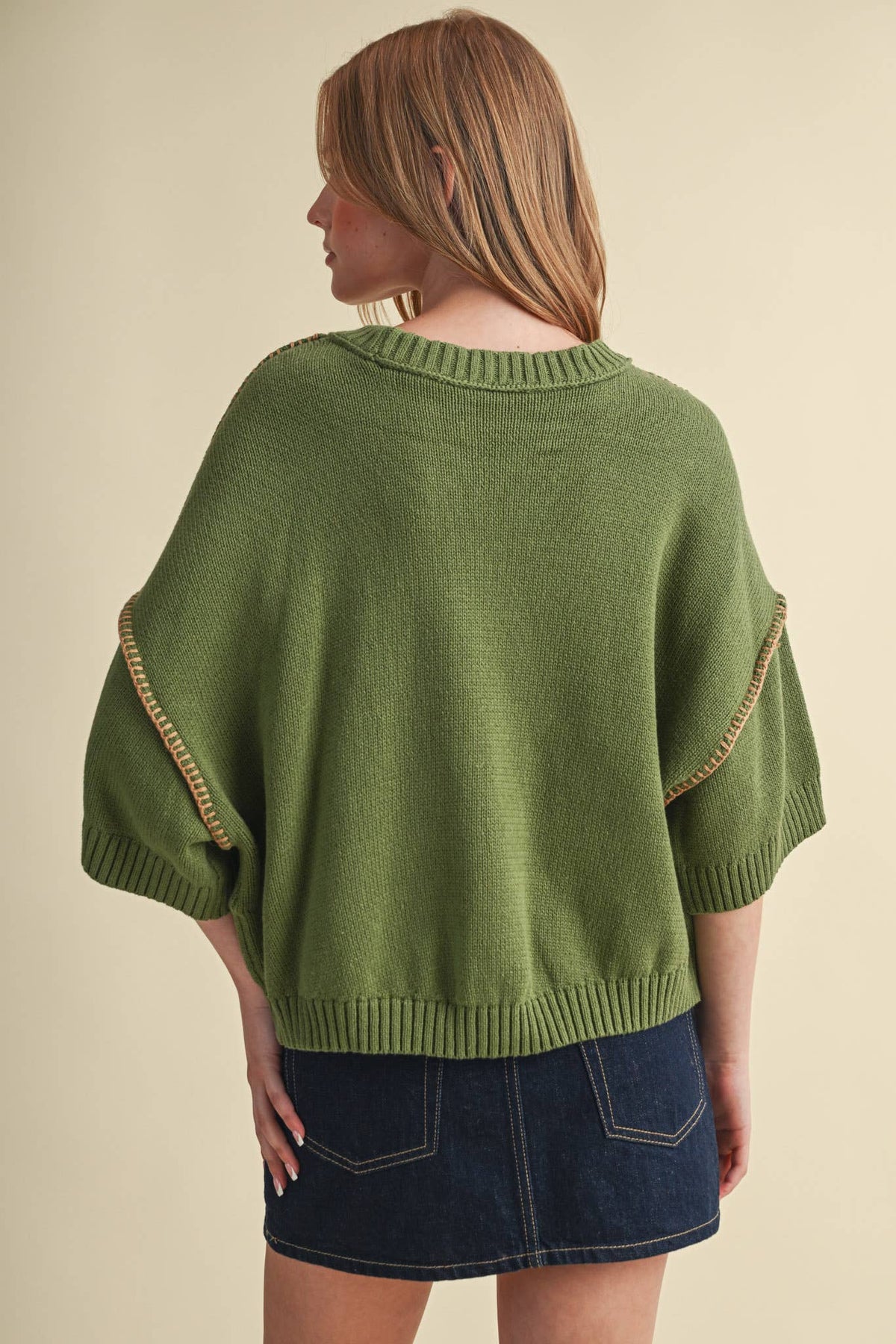SHORT SLV SWEATER W CONTRAST BLANKET STITCH MSW11471: OLIVE TAUPE / L