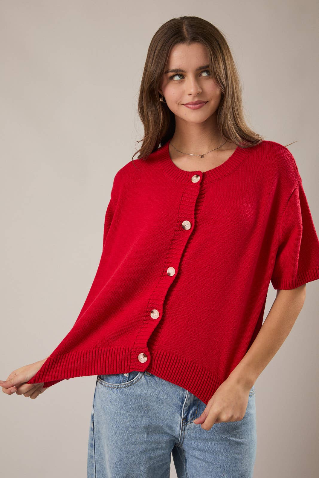 SHORT SLEEVE SWEATER CARDIGAN: LT OLIVE / S
