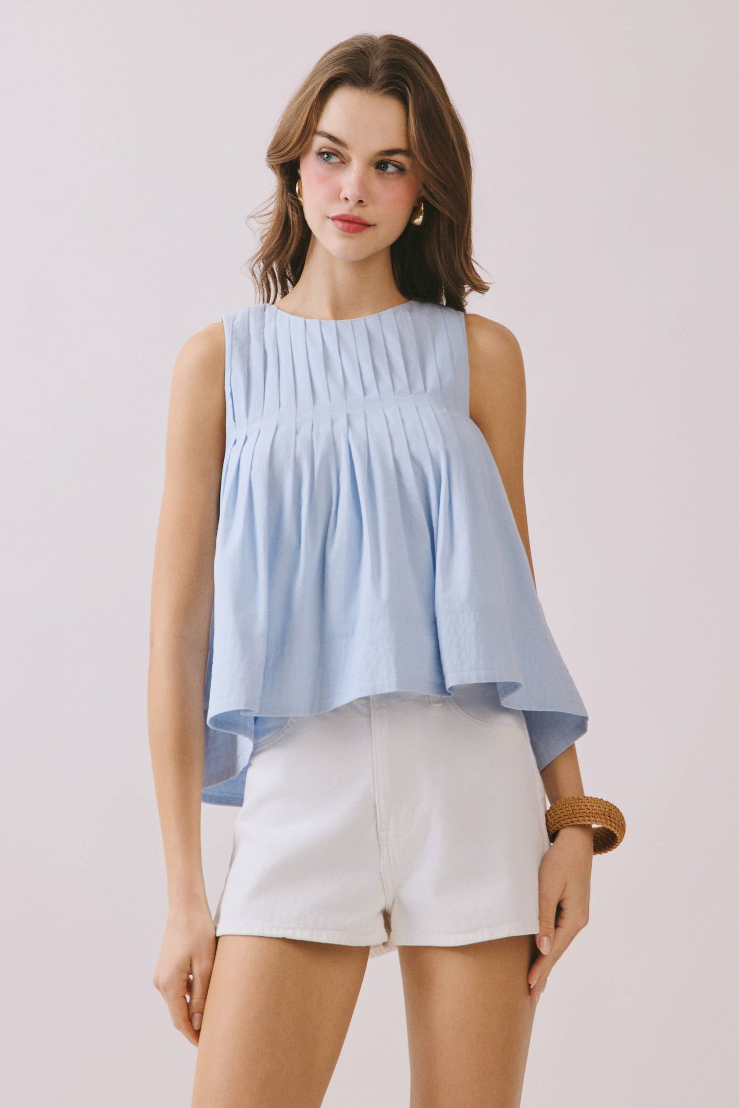 CT9082-Pleated Detail High Low Sleeveless Top: Baby Blue / L
