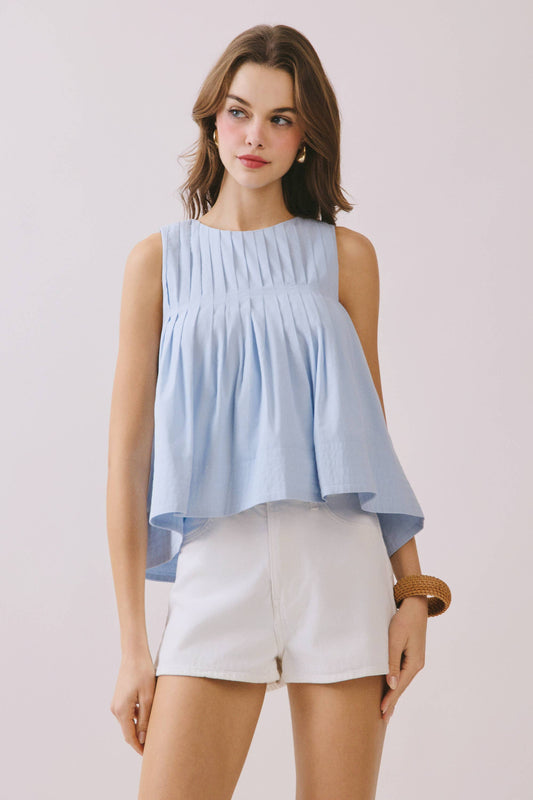 CT9082-Pleated Detail High Low Sleeveless Top: Baby Blue / L