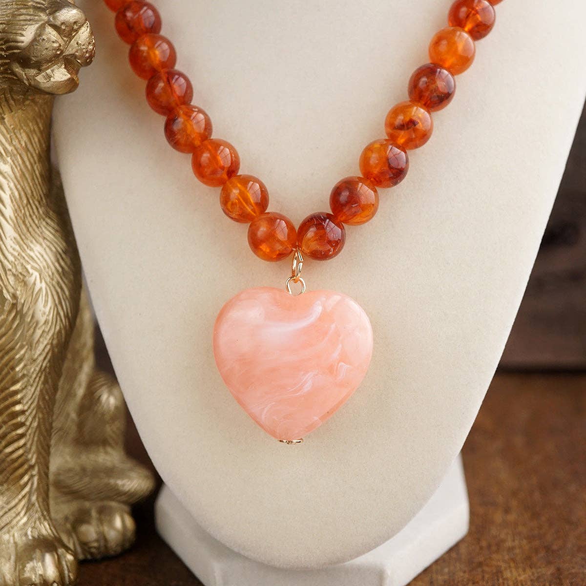 Chunky Statement Necklace – Chunky Beaded Heart Pendant Necklace: Brown