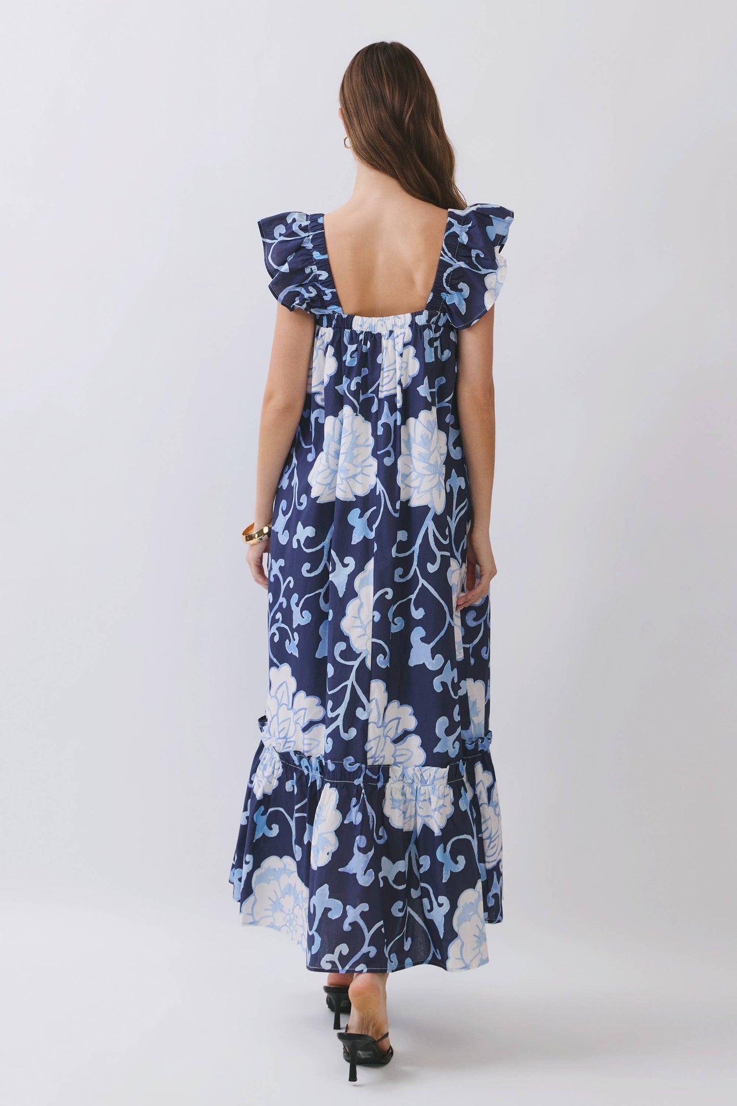 CD06967-Floral Print Ruffle Sleeve Maxi Dress: NAVY / S