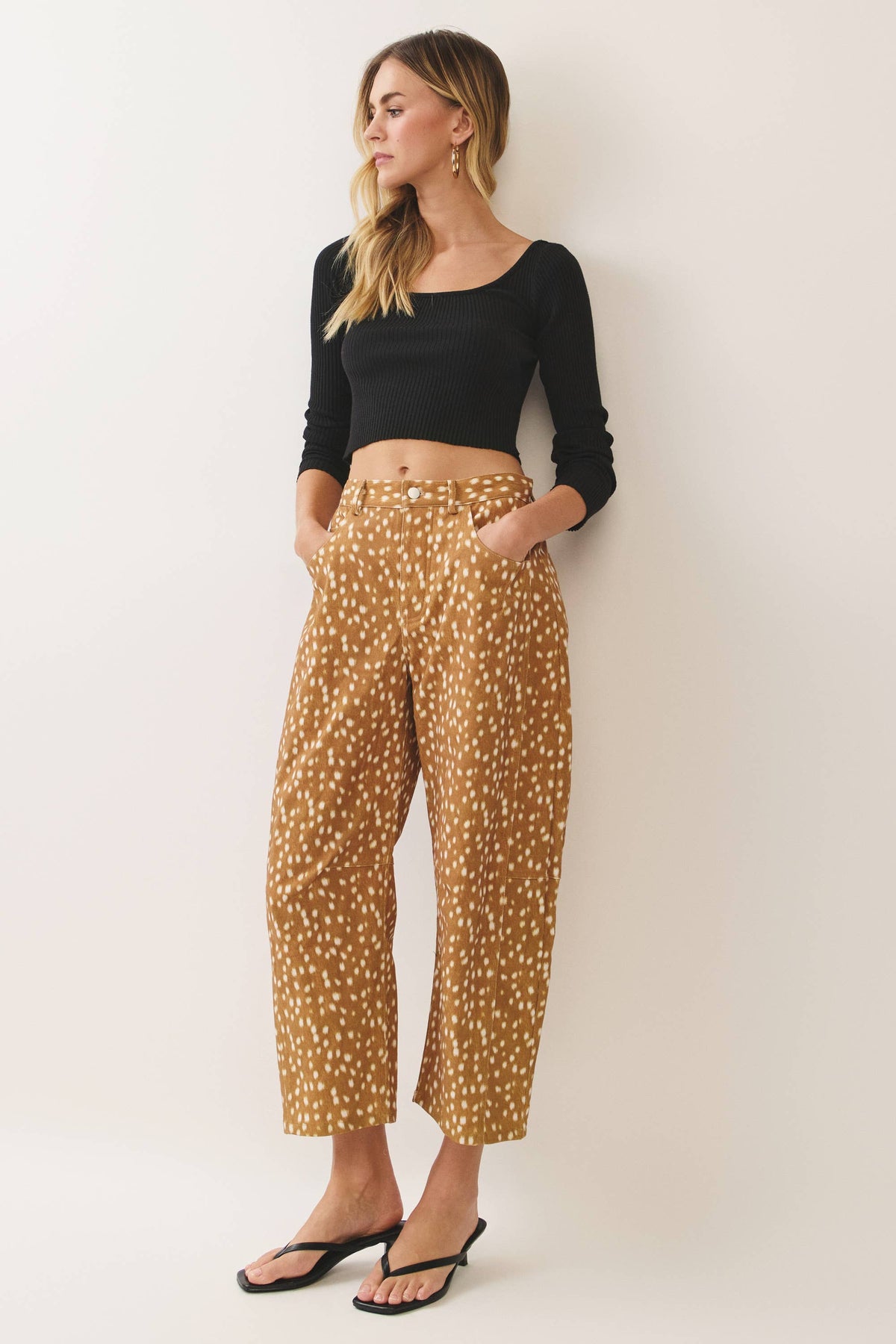 CP10398-Deer Print Barrel Leg Pants: Brown / S