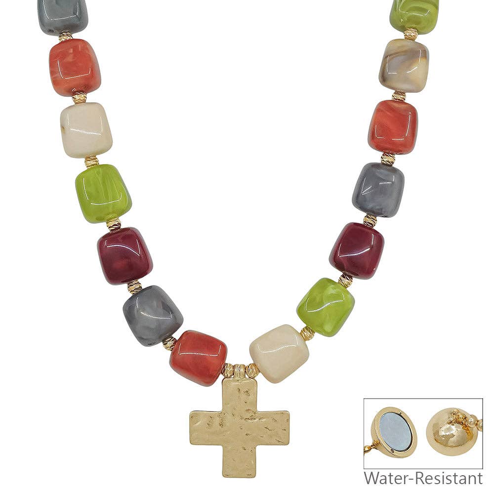 Water Resistant 16MM Multi Resin Beaded Cross 18" Necklace