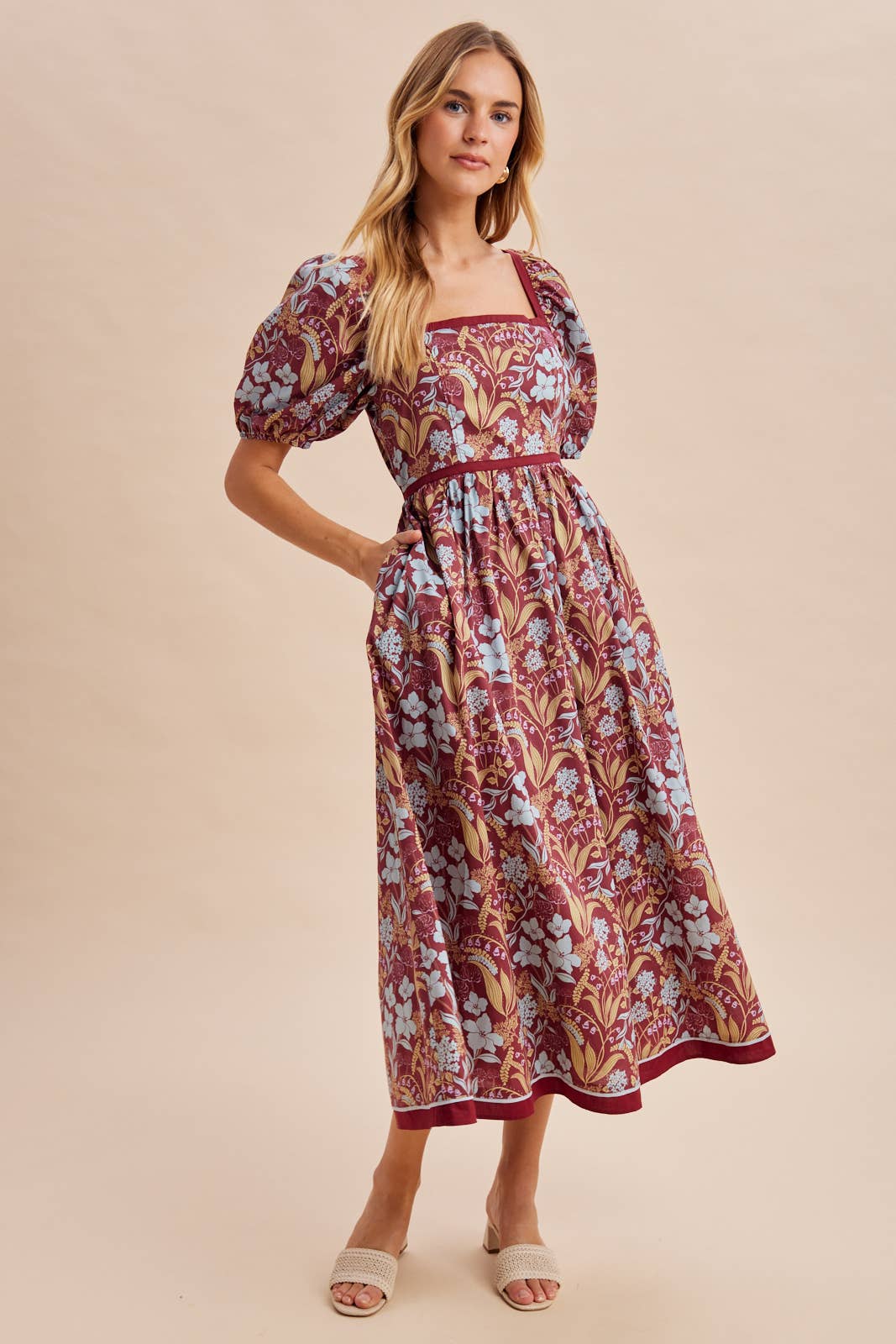 COTTON SQUARE NECK PUFF MAXI: BURNT GINGER / M