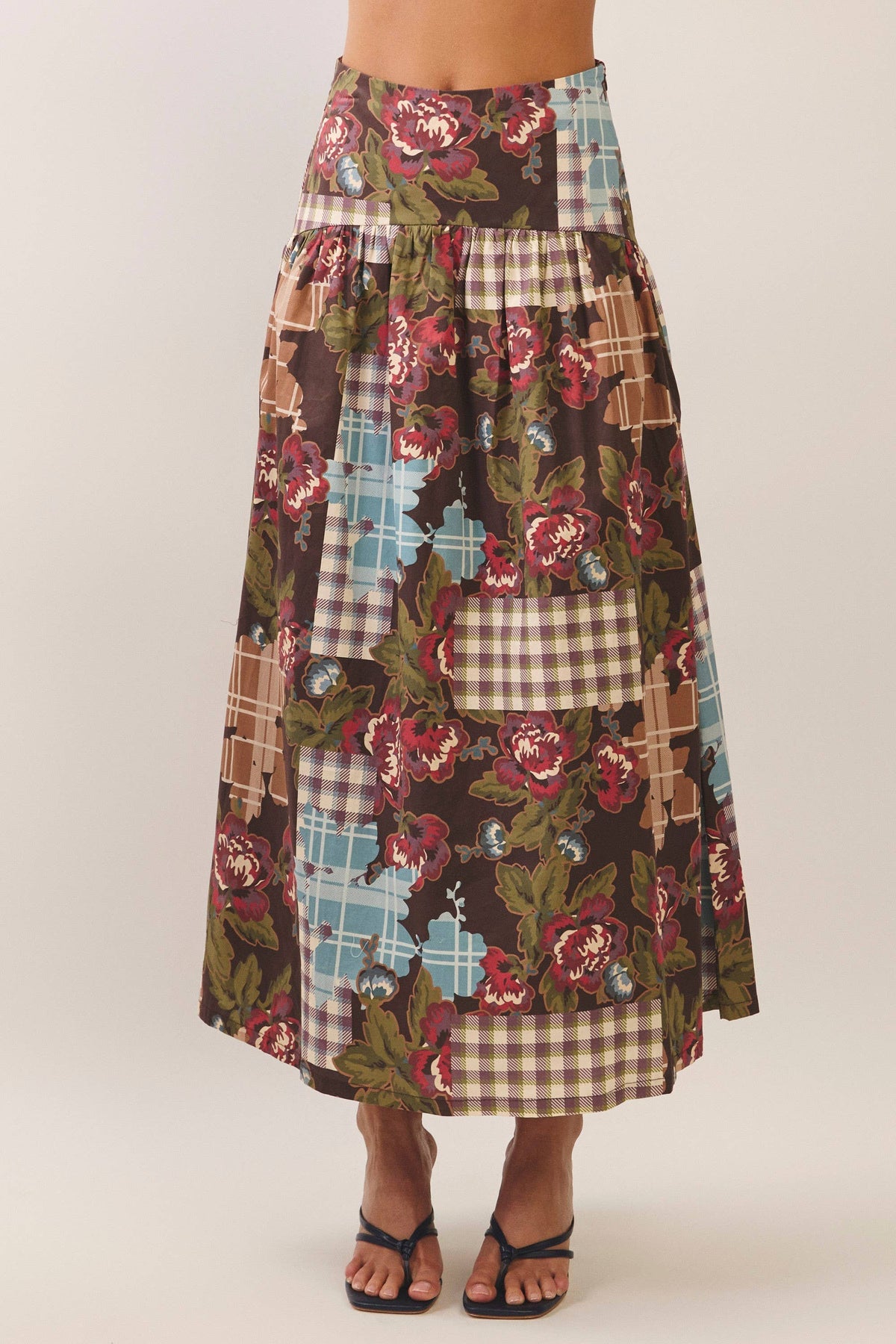 CS4193-Floral plaid patchwork maxi skirt: CHOCOLATE / M