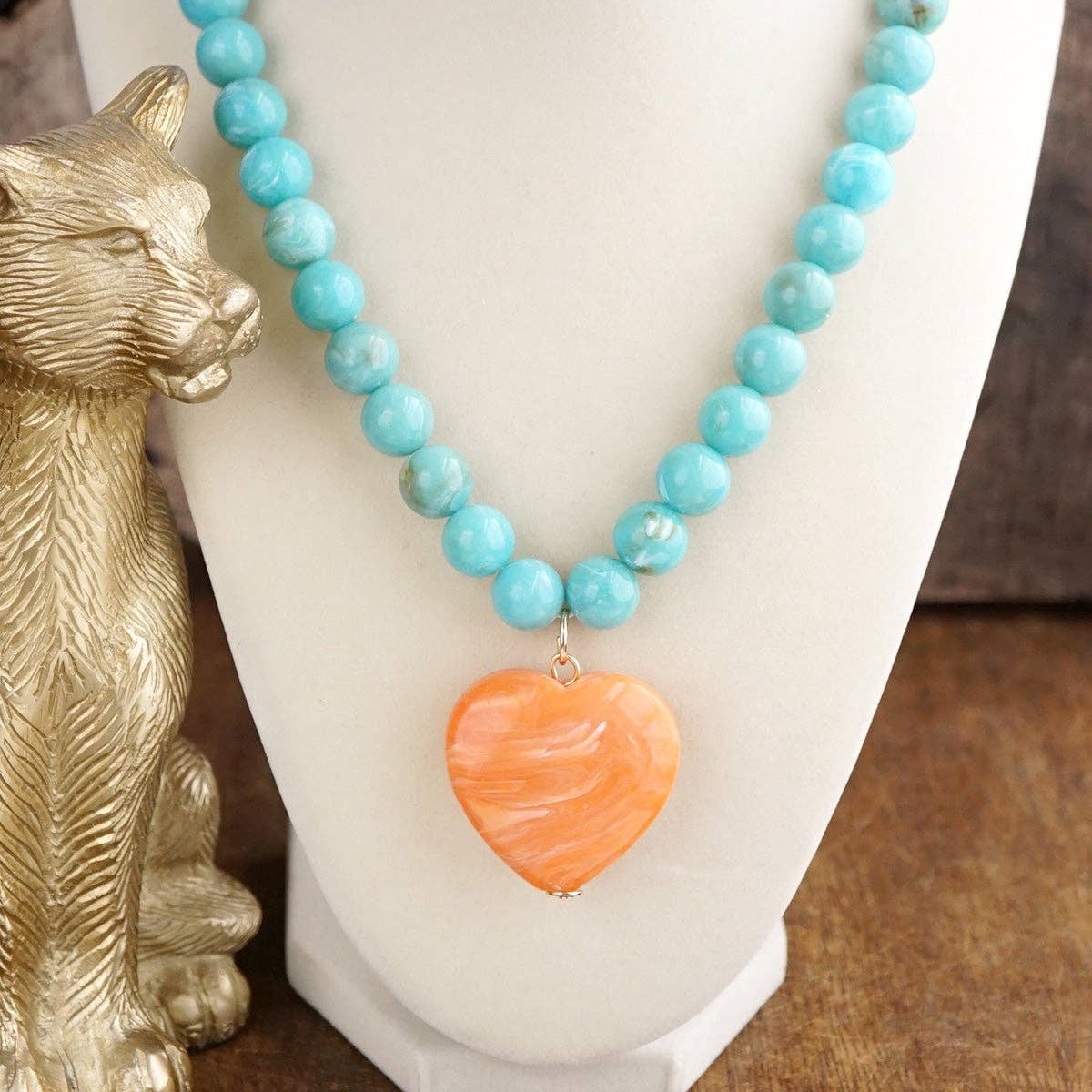 Chunky Statement Necklace – Chunky Beaded Heart Pendant Necklace: Deep Aqua